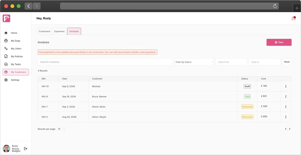 Digital PawPrint example invoice list