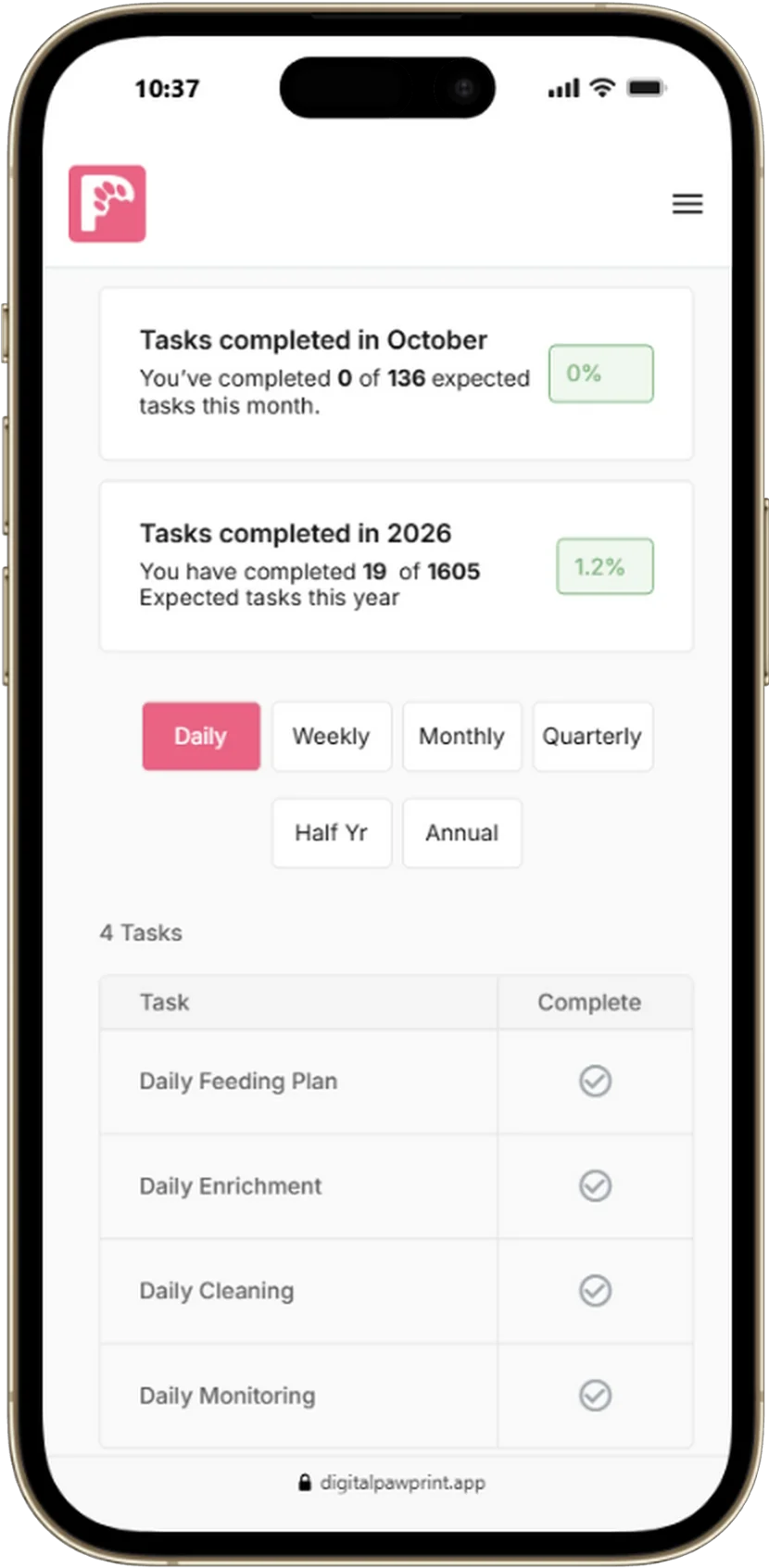 Daily care checklist on a phone