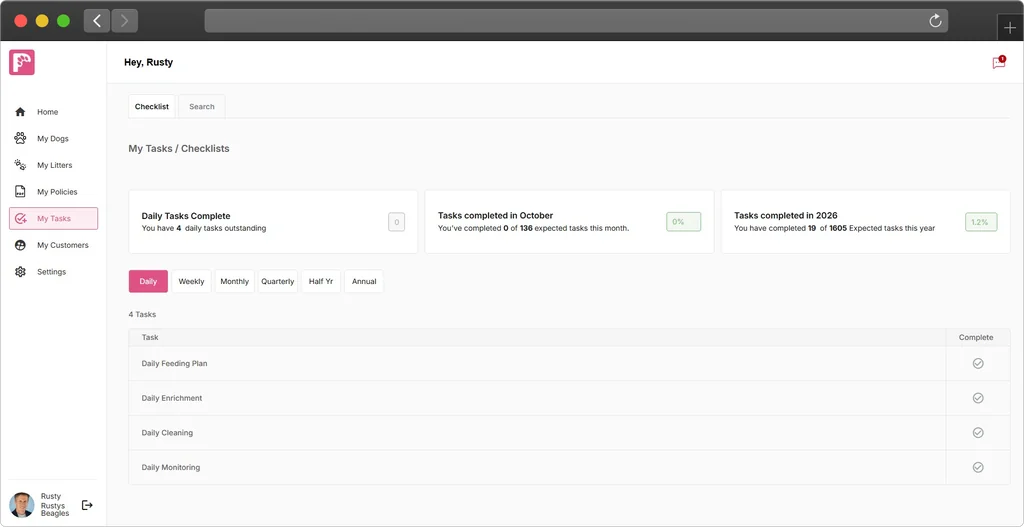 Digital PawPrint task manager with daily care checklist